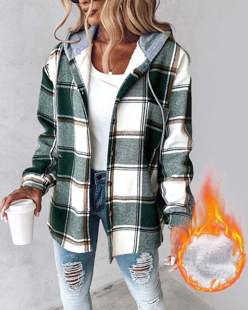 Plaid Pattern Long Sleeve Shacket Button Down Fleece Lined Hooded Jackets Warm Coat