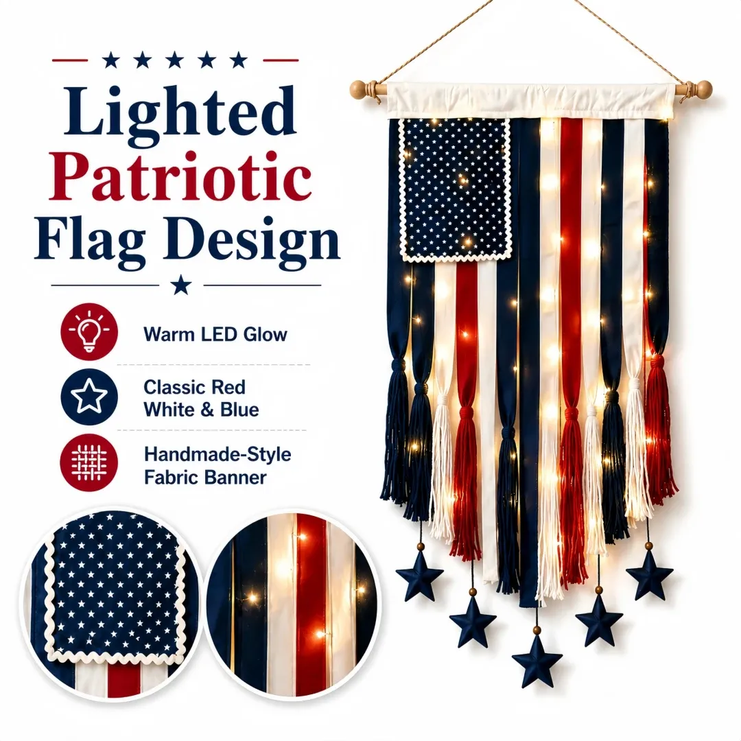 4 x 2.3 Ft Lighted Rag American Flag Banner
