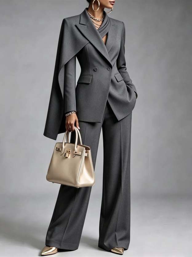 🤲LAST DAY SAVE 49% ⏰Women’s Chic 2-Piece Suit Set – Asymmetric Cape Blazer & Wide-Leg Pants