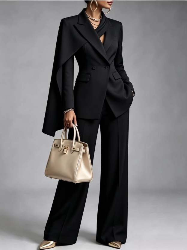 🤲LAST DAY SAVE 49% ⏰Women’s Chic 2-Piece Suit Set – Asymmetric Cape Blazer & Wide-Leg Pants