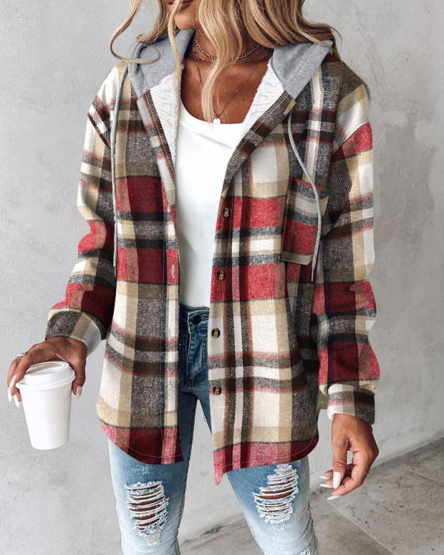 Plaid Pattern Long Sleeve Shacket Button Down Fleece Lined Hooded Jackets Warm Coat