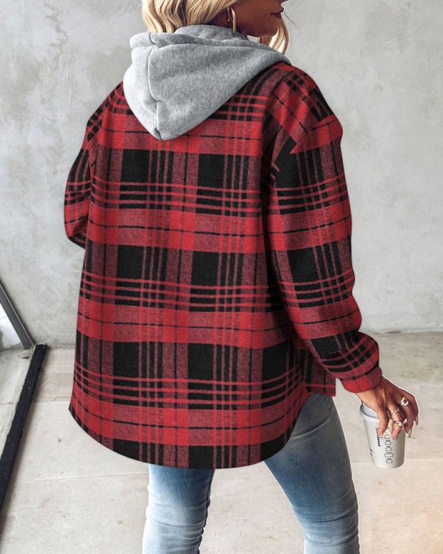Plaid Pattern Long Sleeve Shacket Button Down Fleece Lined Hooded Jackets Warm Coat