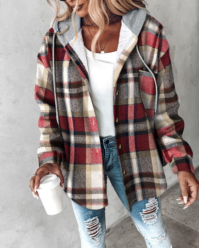 Plaid Pattern Long Sleeve Shacket Button Down Fleece Lined Hooded Jackets Warm Coat