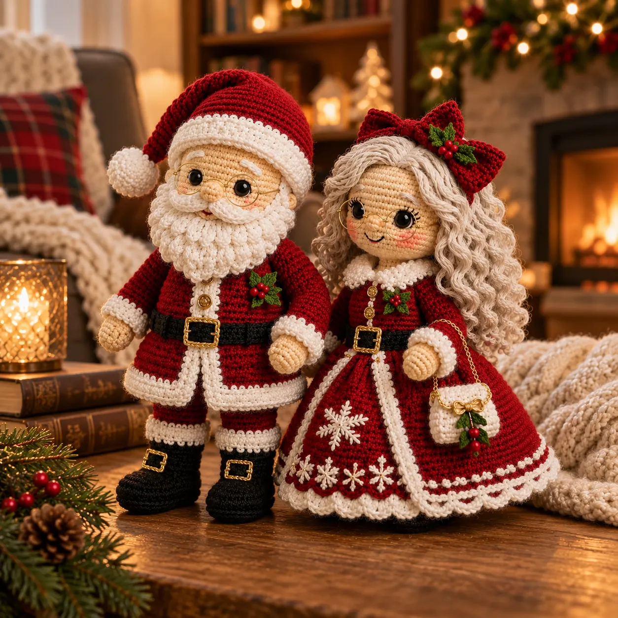 Finished red Santa and Mrs. Claus crochet dolls displayed on a wooden table in a Christmas living room