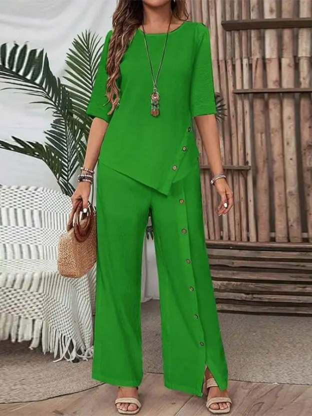 Women's Casual Button Short Sleeve Shirt Irregular Hem Pants Set