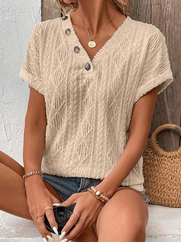 Loose Short Sleeves Buttoned Solid Color V-Neck T-Shirts Tops