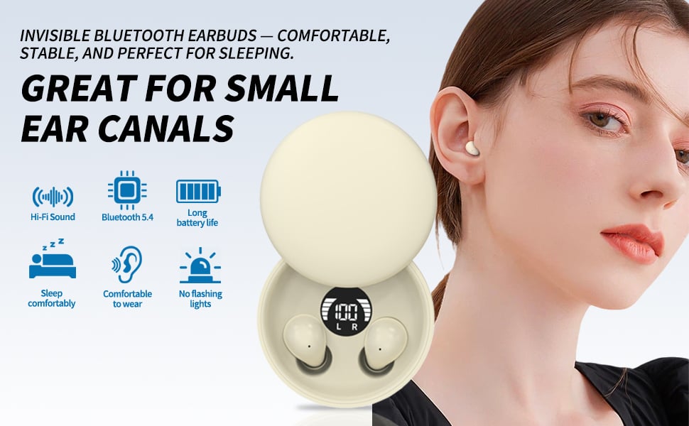 Mini Bluetooth 5.4 earbuds, Hi-Fi sound, no lights, secure fit for small ears.