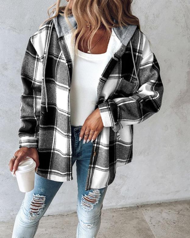 Plaid Pattern Long Sleeve Shacket Button Down Fleece Lined Hooded Jackets Warm Coat