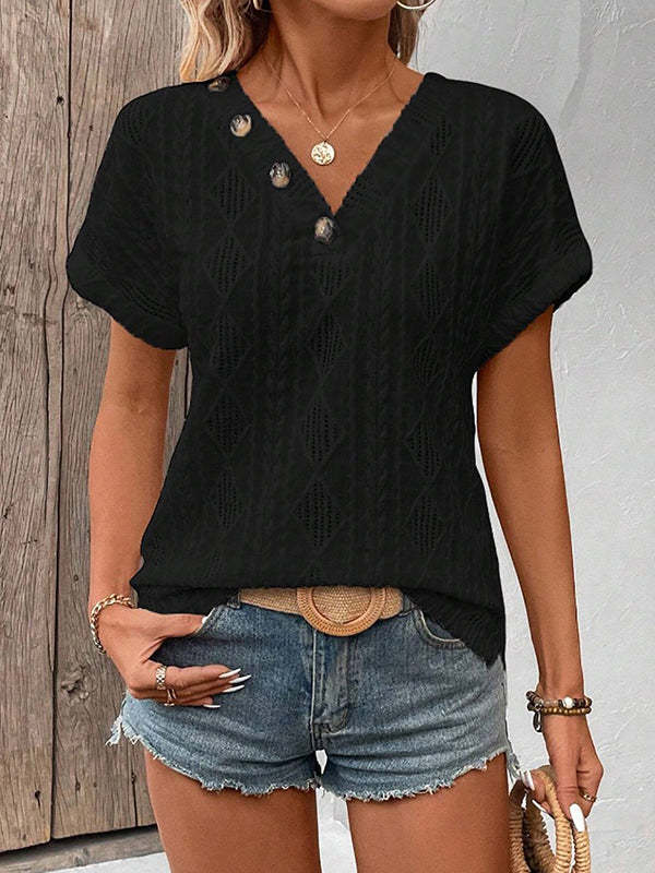 Loose Short Sleeves Buttoned Solid Color V-Neck T-Shirts Tops
