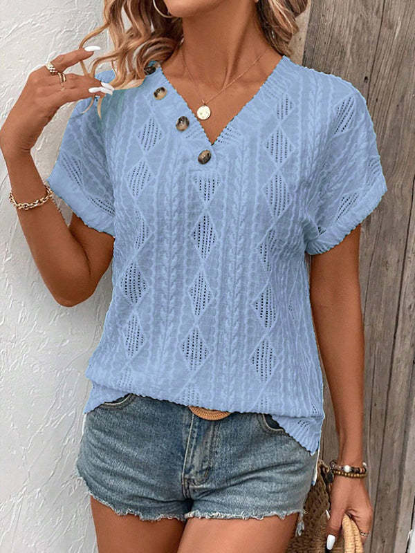 Loose Short Sleeves Buttoned Solid Color V-Neck T-Shirts Tops