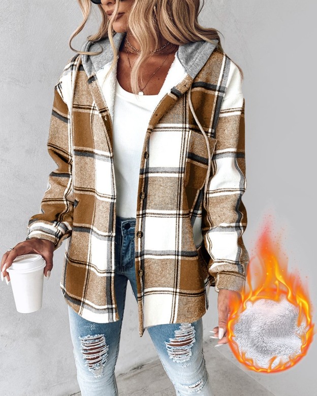 Plaid Pattern Long Sleeve Shacket Button Down Fleece Lined Hooded Jackets Warm Coat