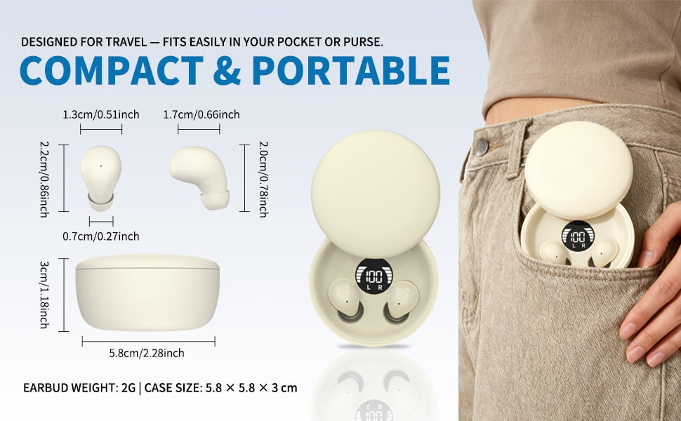 Pocket-size earbuds with LED case, easy to carry for travel or work.