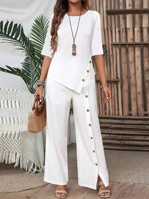Women's Casual Button Short Sleeve Shirt Irregular Hem Pants Set