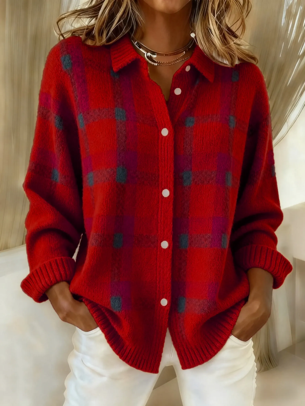 CLEARANCE SALE🔥 Women's Casual Contrast Color Autumn and Winter Retro Plaid Print Buttoned Cardigan Sweater