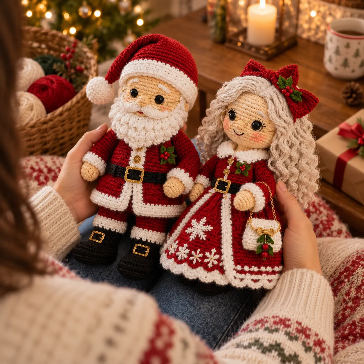 Finished red crochet Santa and Mrs. Claus dolls held on a lap in a cozy Christmas setting