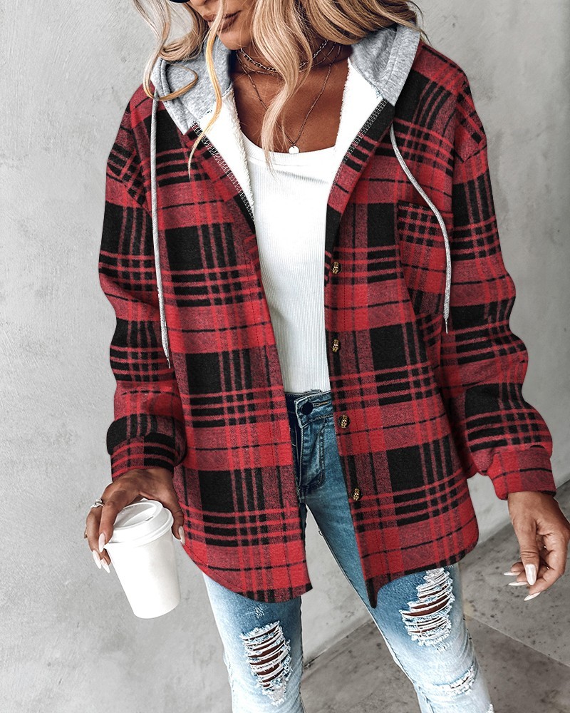 Plaid Pattern Long Sleeve Shacket Button Down Fleece Lined Hooded Jackets Warm Coat