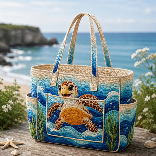 Turtle Ocean Multiple Pockets Quilted Tote Bag TP55