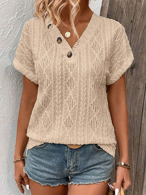 Loose Short Sleeves Buttoned Solid Color V-Neck T-Shirts Tops