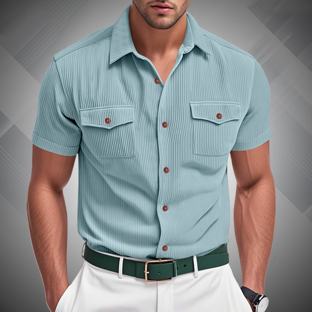Men's Fashion Ribbed Work Pocket Short-sleeved Lapel Shirt