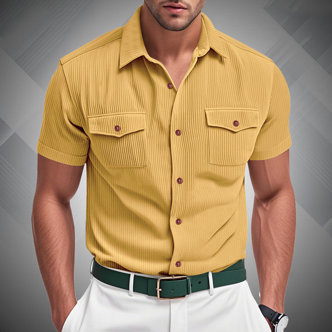 Men's Fashion Ribbed Work Pocket Short-sleeved Lapel Shirt