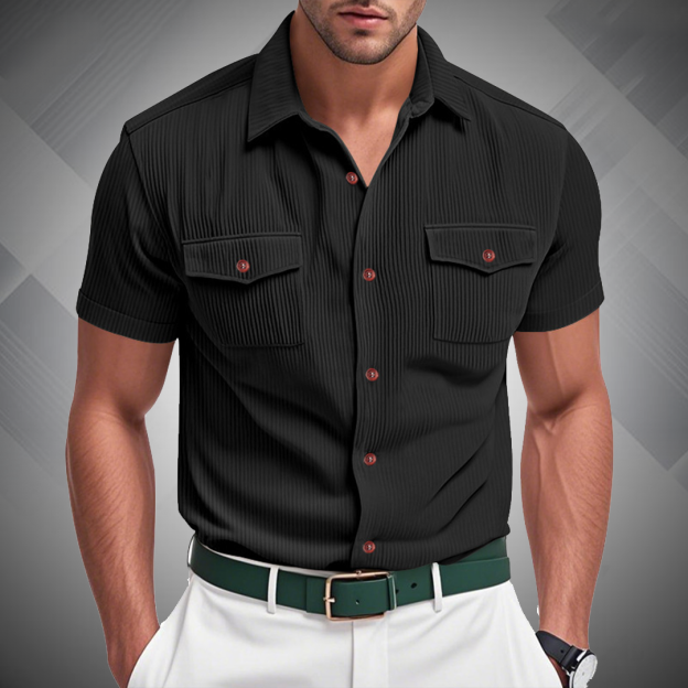 Men's Fashion Ribbed Work Pocket Short-sleeved Lapel Shirt