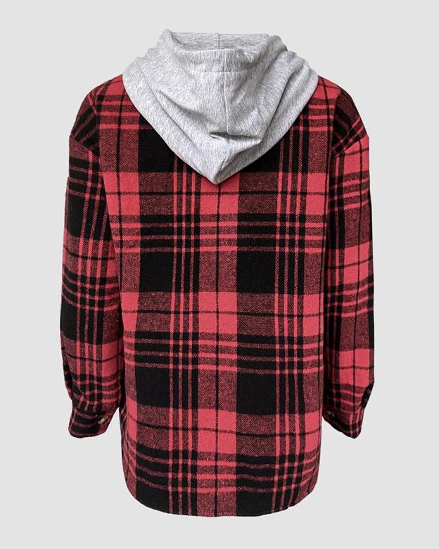 Plaid Pattern Long Sleeve Shacket Button Down Fleece Lined Hooded Jackets Warm Coat