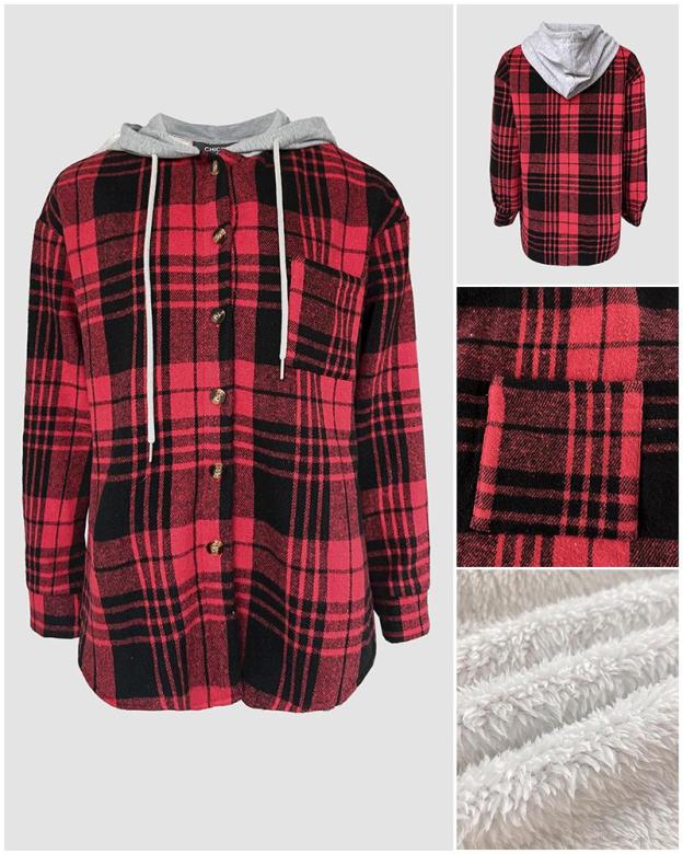 Plaid Pattern Long Sleeve Shacket Button Down Fleece Lined Hooded Jackets Warm Coat