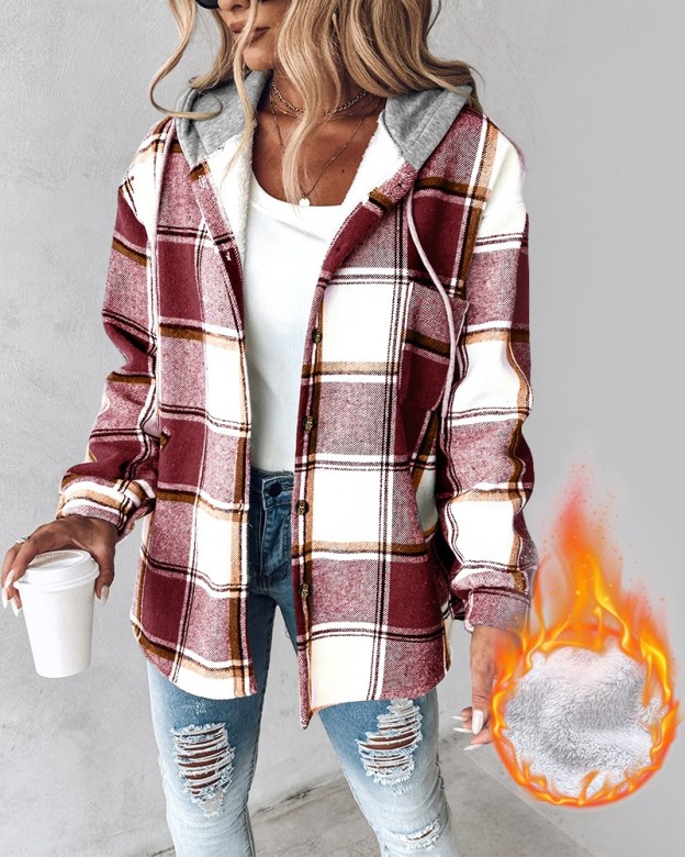 Plaid Pattern Long Sleeve Shacket Button Down Fleece Lined Hooded Jackets Warm Coat