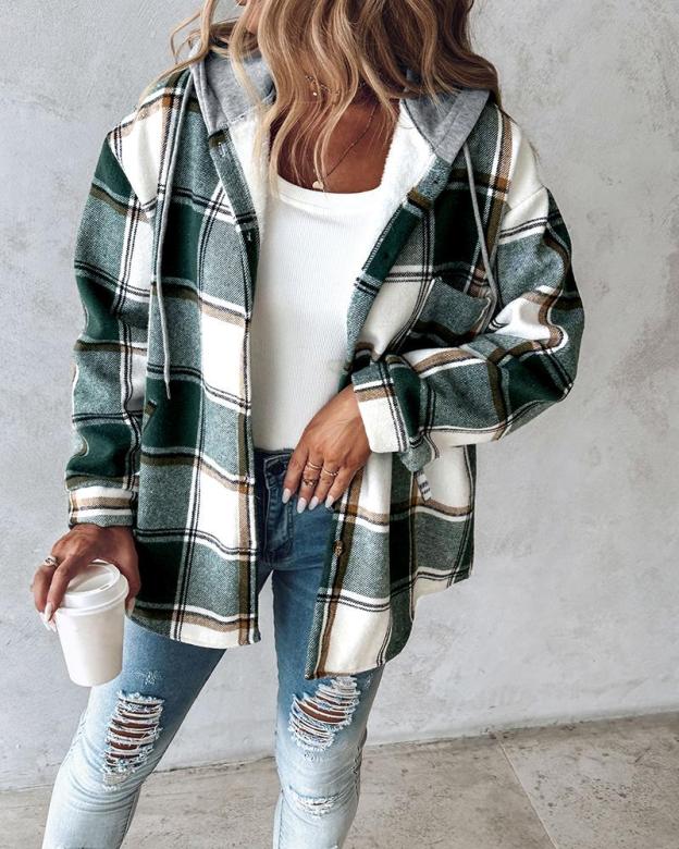 Plaid Pattern Long Sleeve Shacket Button Down Fleece Lined Hooded Jackets Warm Coat