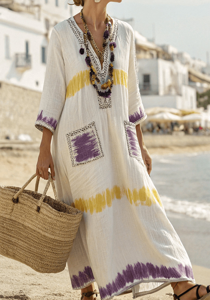 Holiday Vintage Striped V-Neck Cotton Linen Maxi Dress