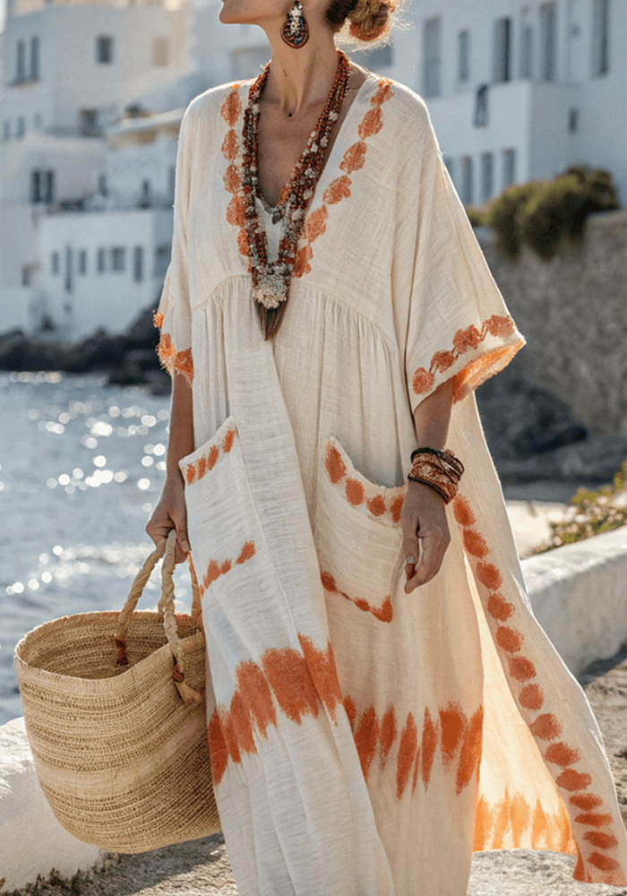 Holiday Vintage Striped V-Neck Cotton Linen Maxi Dress