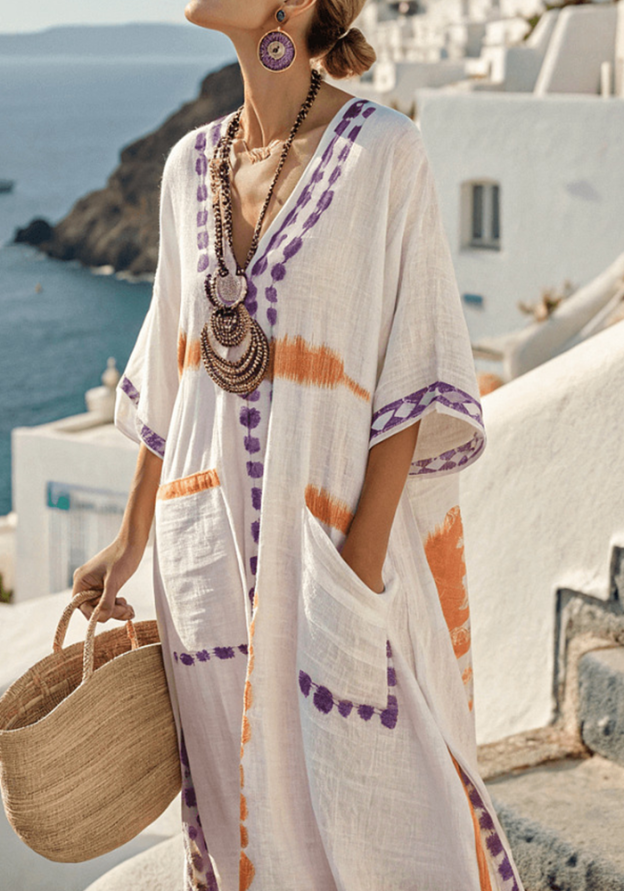 Holiday Vintage Striped V-Neck Cotton Linen Maxi Dress