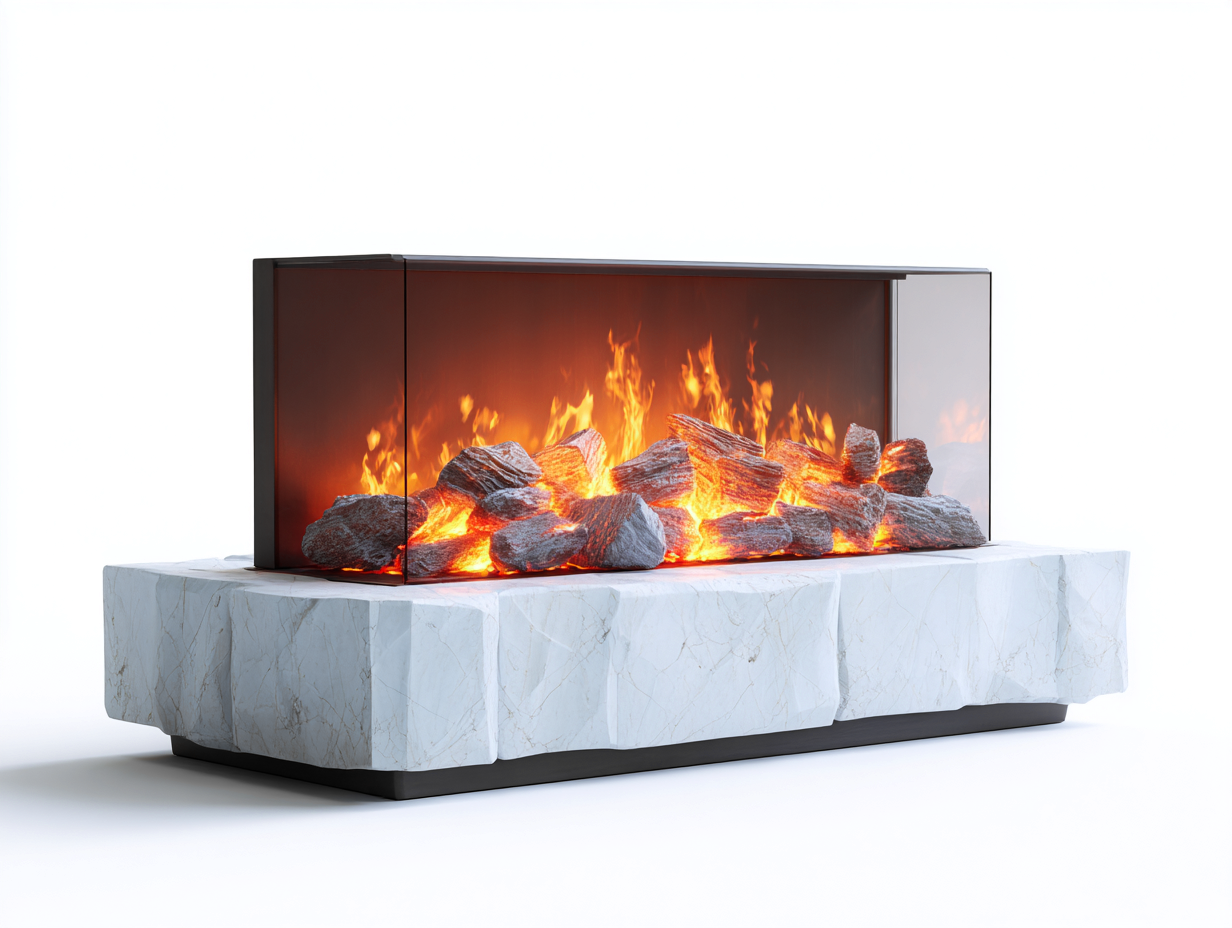 Cheminée électrique panoramique avec base effet marbre 150x40x55 cm - Blanc veiné - Design contemporain-Nookgethut