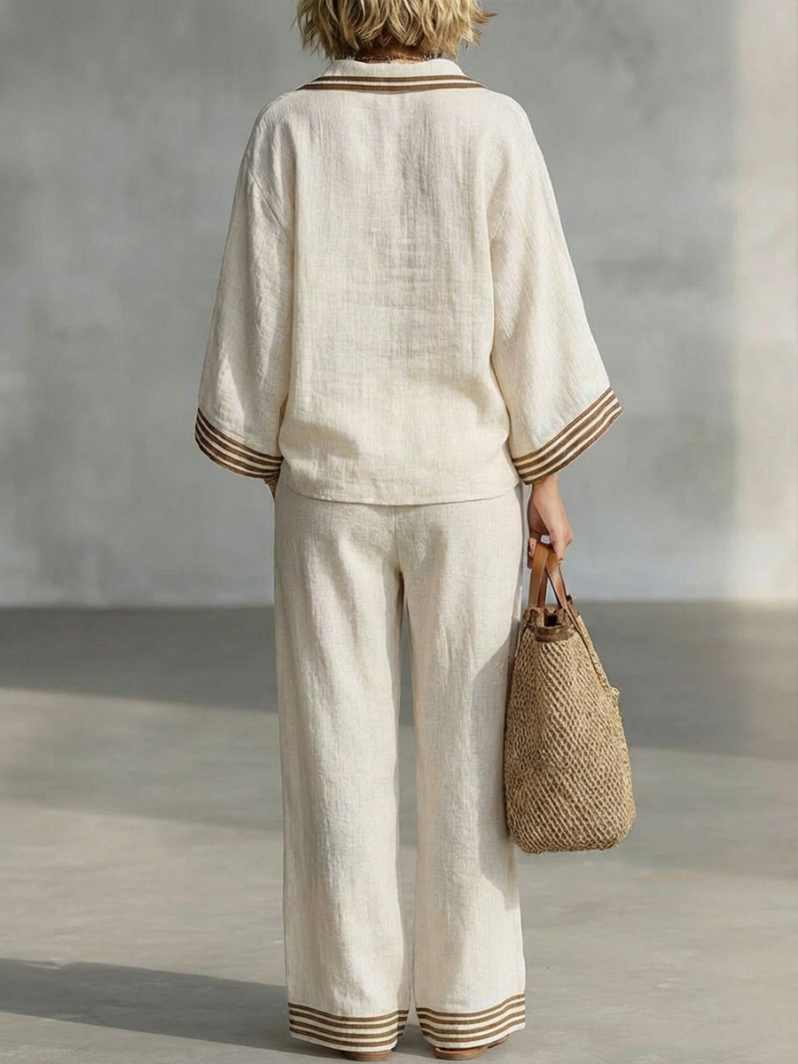 Casual Patchwork Striped Linen And Cotton Shirt And Pants Two-piece Set
