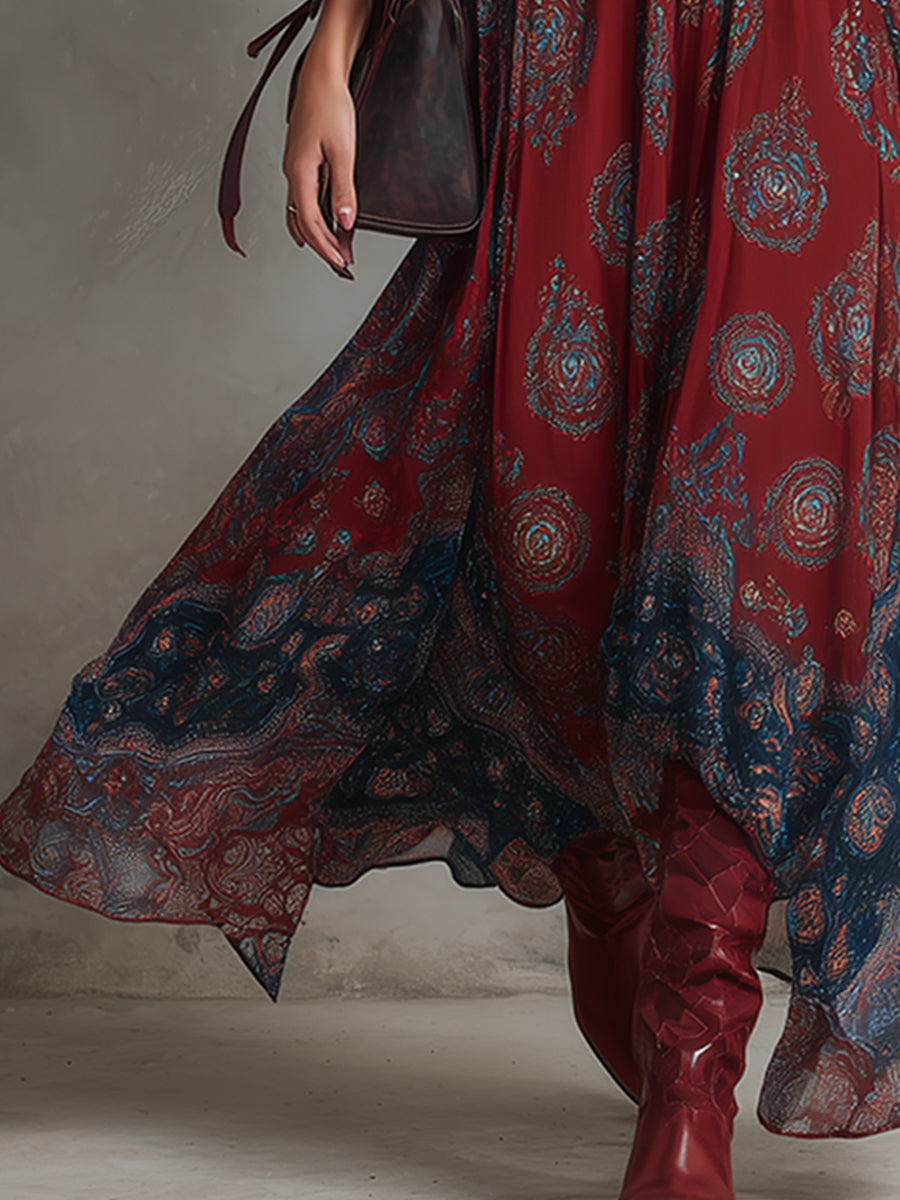 Retro Ethnic Bohemian Print Chiffon Sleeveless Maxi Dress