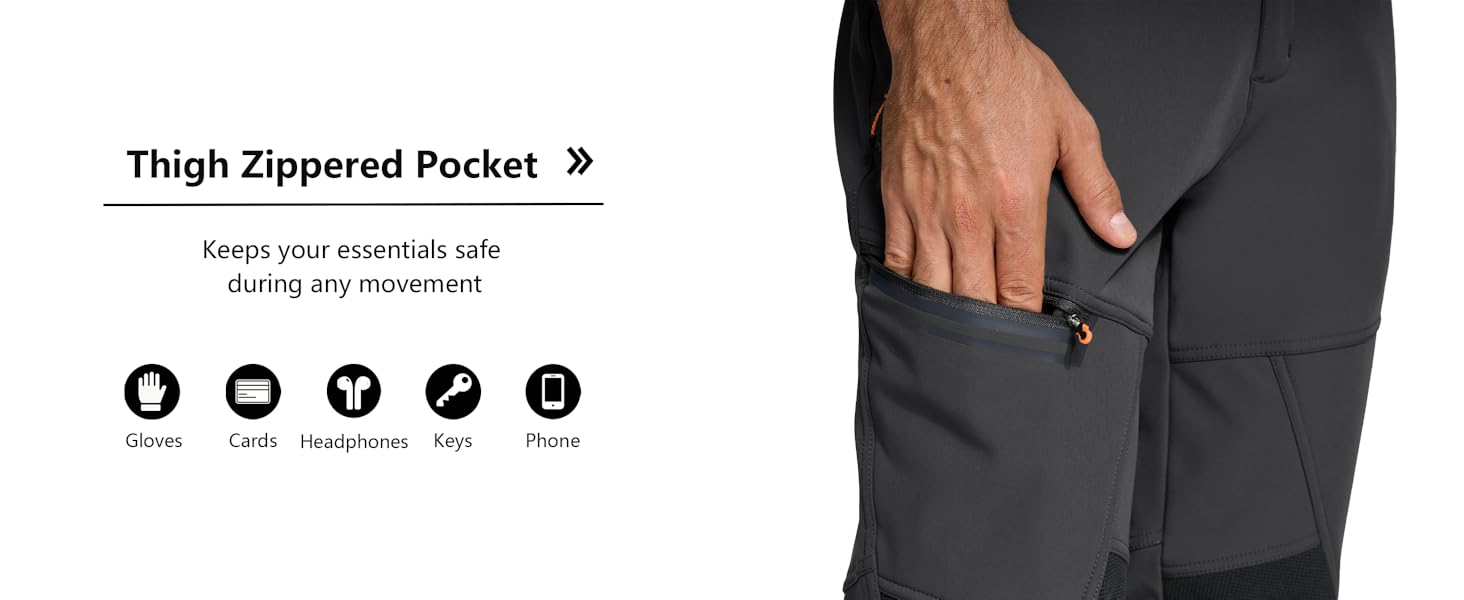 Men's Winter Pants Fleece Lined Ski Snow Pants Water Resistant 4 Zip Pockets Outdoor Pants