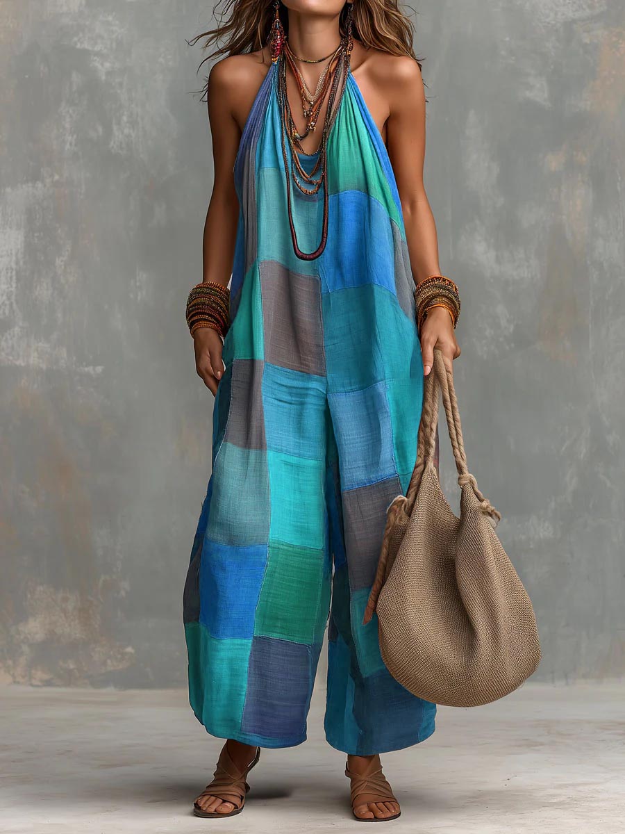 Women's Plaid-print Casual Loose Halter-neck Cotton-linen Wide-leg Jumpsuit