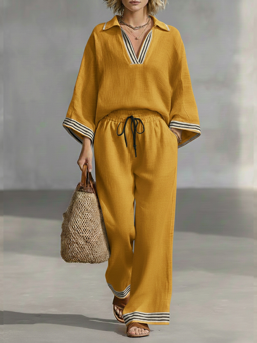 Casual Patchwork Striped Linen And Cotton Shirt And Pants Two-piece Set