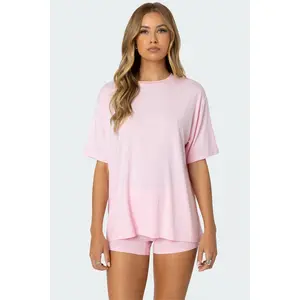 Women's summer casual loose two-piece set: round neck, slit hem shirt paired with side pocket cycling shorts; simple loungewear, soft viscose fabric, comfortable loungewear, cozy pajamas.