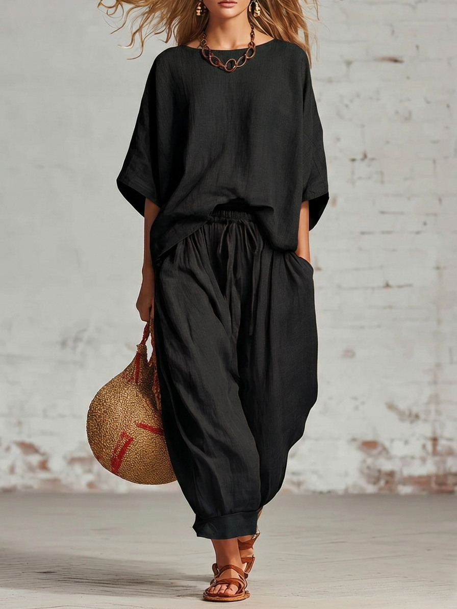 Cozy Loose-fitting Daily Wear Linen Two-piece Set