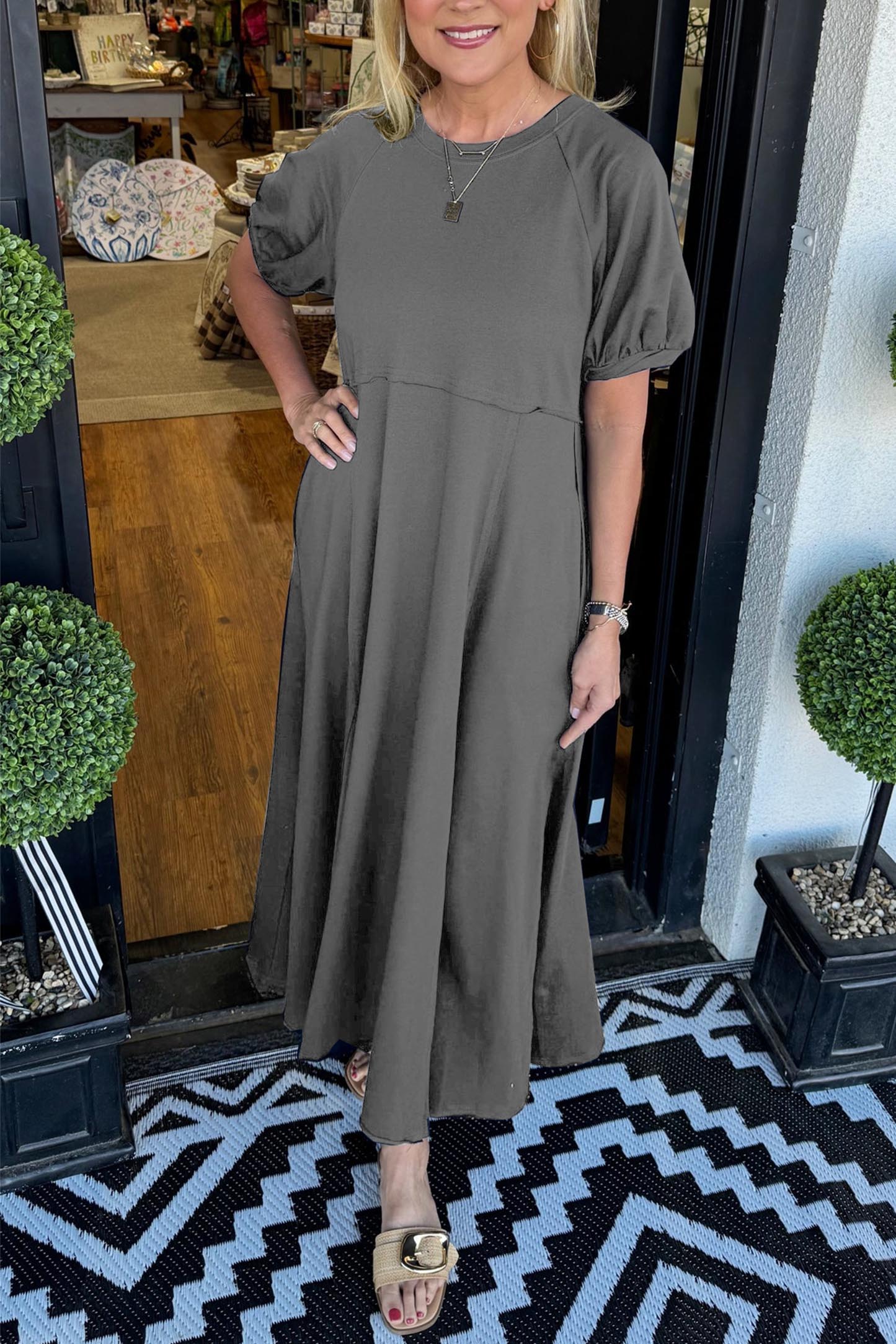 🔥Women's Solid Color Puff Sleeve Round Neck Long Dress(Buy 2 Free Shipping)