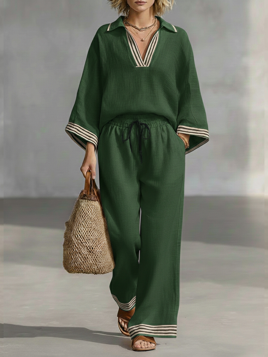 Casual Patchwork Striped Linen And Cotton Shirt And Pants Two-piece Set