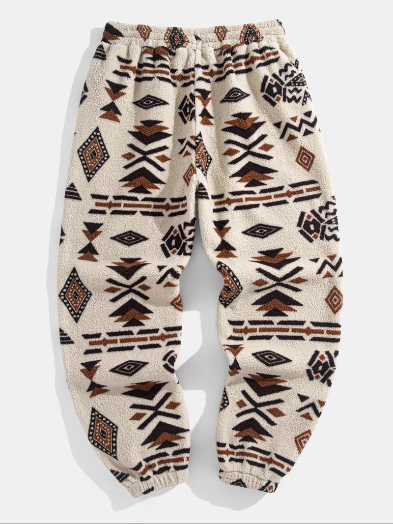 Men's Random Ethnic Pattern Drawstring Waist Thermal Pants, Loose Casual Pocket Design Trousers for Fall & Winter, Men's Bottoms for Daily Wear