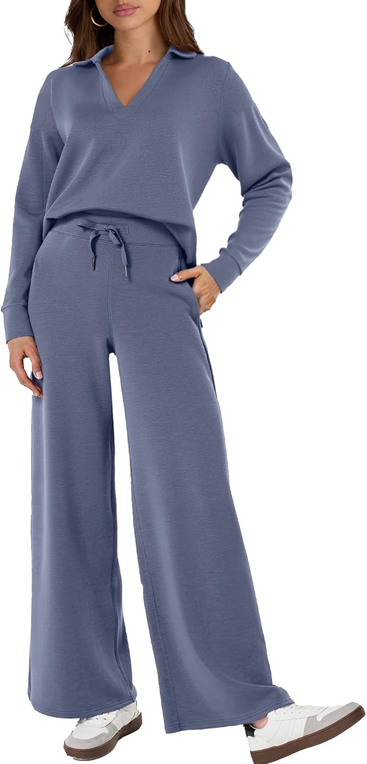 Glamaker Women's 2 Piece Sets Outfits Casual Long Sleeve Sweatsuits Polo Top and Wide Leg Pants Matching Sets