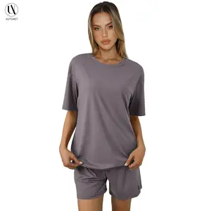 Women's summer casual loose two-piece set: round neck, slit hem shirt paired with side pocket cycling shorts; simple loungewear, soft viscose fabric, comfortable loungewear, cozy pajamas.