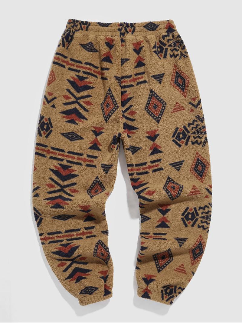 Men's Random Ethnic Pattern Drawstring Waist Thermal Pants, Loose Casual Pocket Design Trousers for Fall & Winter, Men's Bottoms for Daily Wear