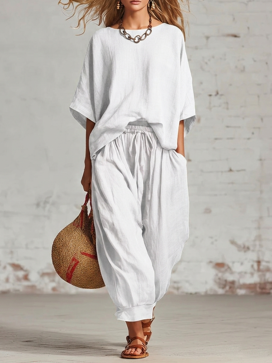 Cozy Loose-fitting Daily Wear Linen Two-piece Set