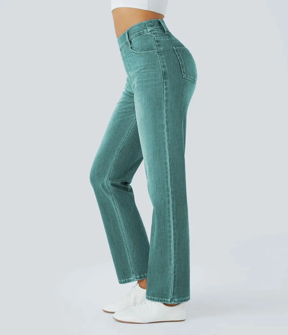Stretch-Knit Straight-Leg Jeans with Multiple Pockets