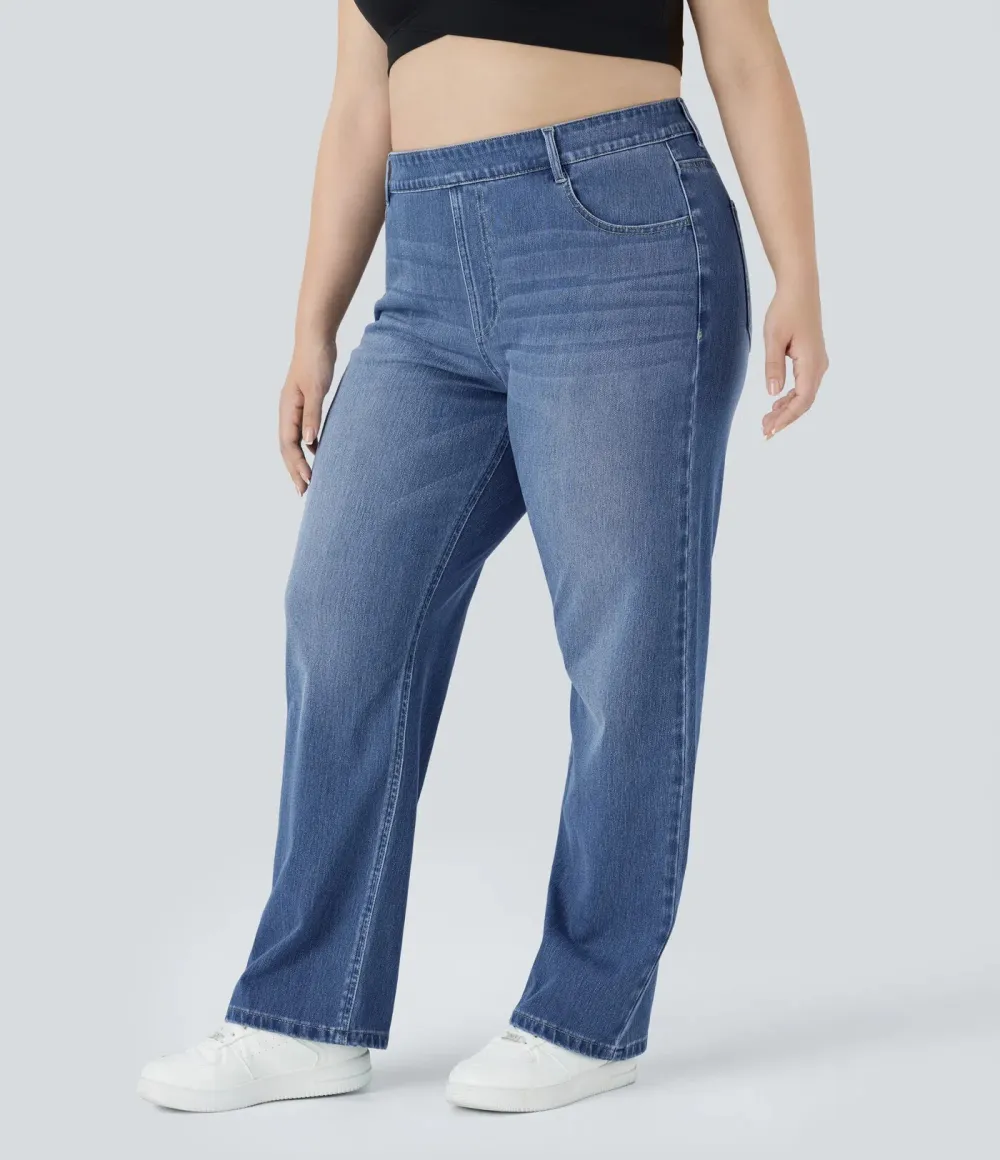 Stretch-Knit Straight-Leg Jeans with Multiple Pockets