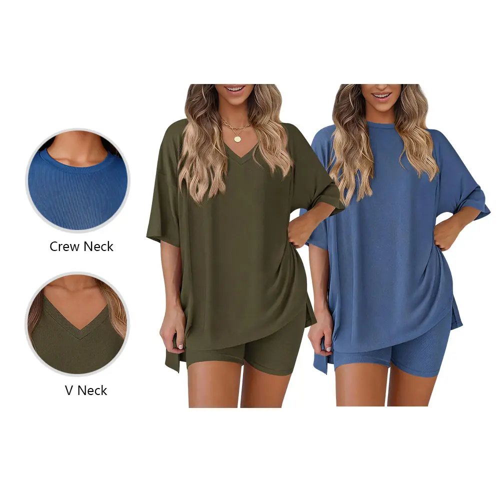 Women's summer casual loose two-piece set: round neck, slit hem shirt paired with side pocket cycling shorts; simple loungewear, soft viscose fabric, comfortable loungewear, cozy pajamas.